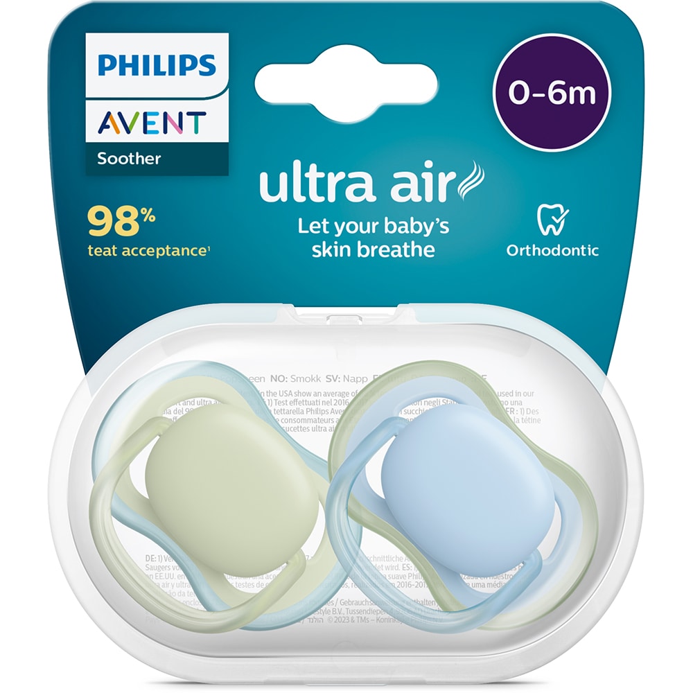 Suzeta PHILIPS AVENT Ultra Air SCF085/21, 0-6 luni, 2 buc, albastru-verde