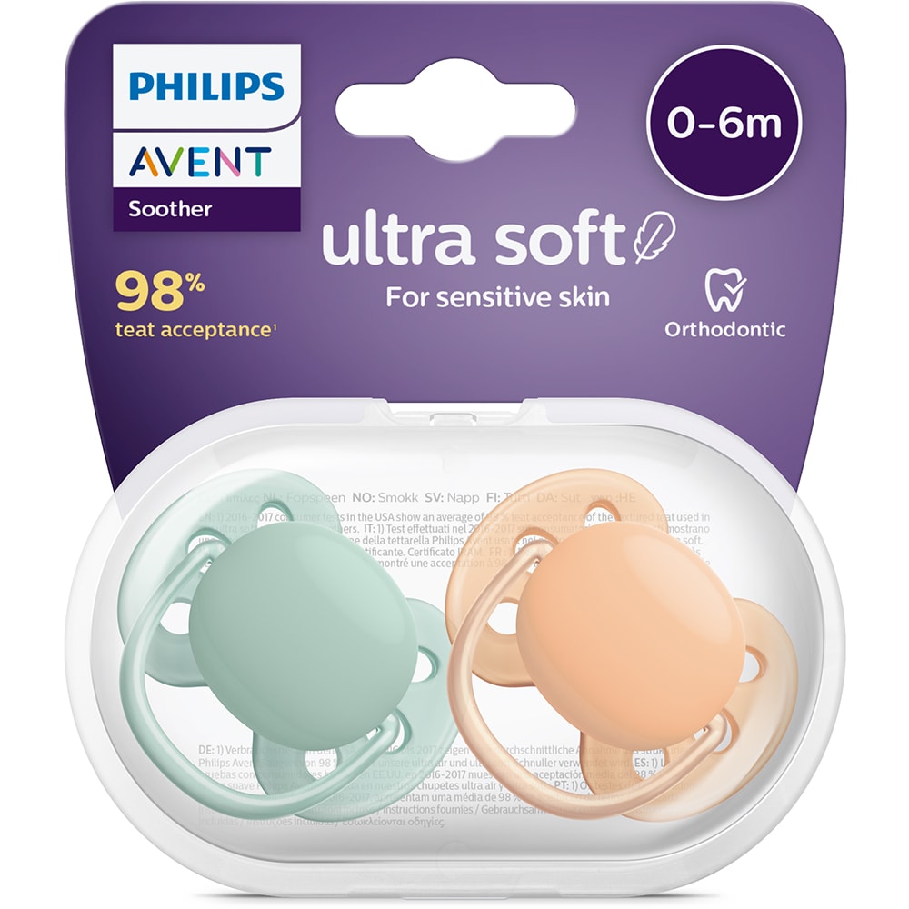 Suzeta PHILIPS AVENT Ultra Soft SCF091/03, 0-6 luni, 2 buc, verde-portocaliu