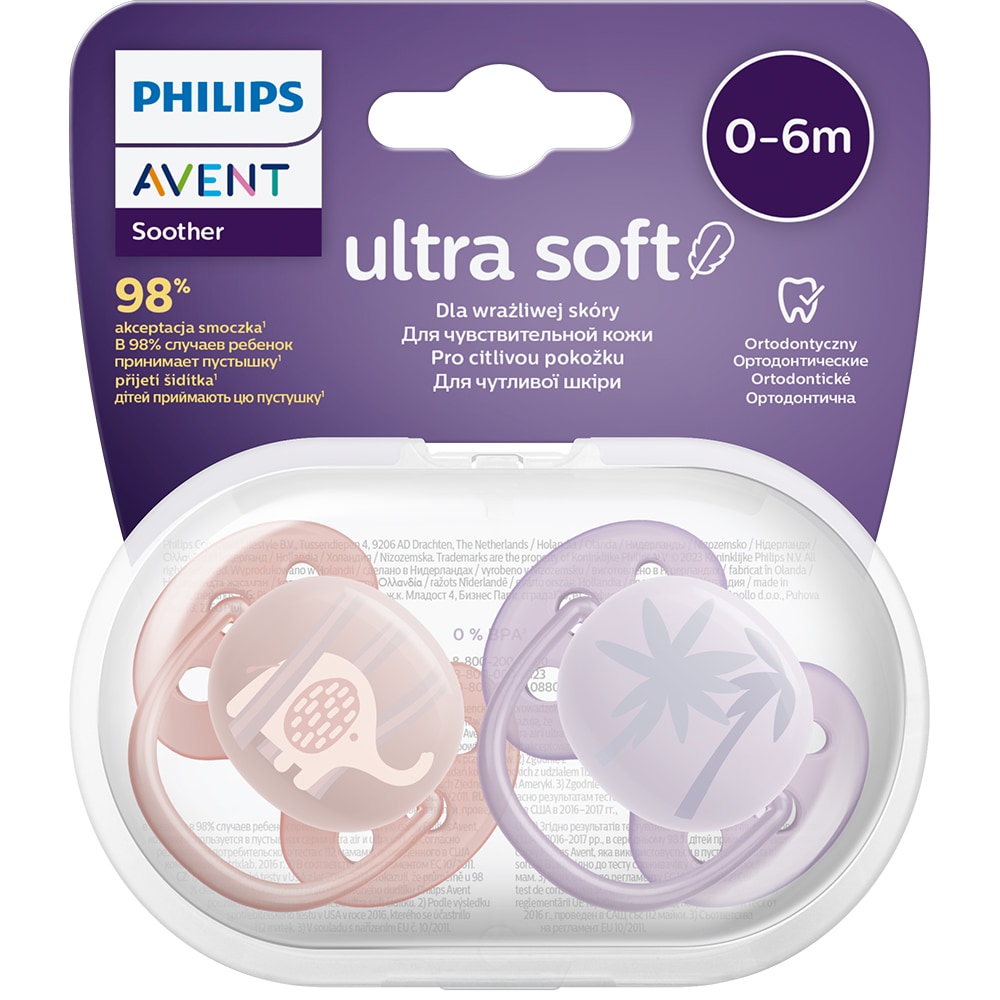 Suzeta PHILIPS AVENT Ultra Soft SCF091/09, 0-6 luni, 2 buc, roz-mov
