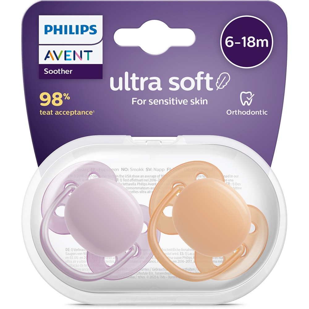 Suzeta PHILIPS AVENT Ultra Soft SCF091/33, 6-18 luni, 2 buc, mov-portocaliu