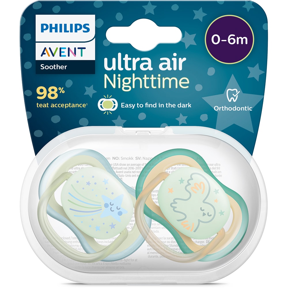 Suzeta PHILIPS AVENT Ultra Air NightTime SCF376/18, 0-6 luni, 2 buc, multicolor