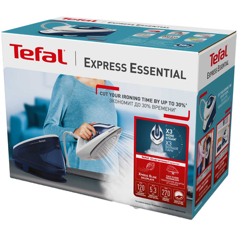 Statie de calcat TEFAL Express Essential SV6116E0, 2200W, 270g/min, 1.4l, talpa ceramica, alb-albastru