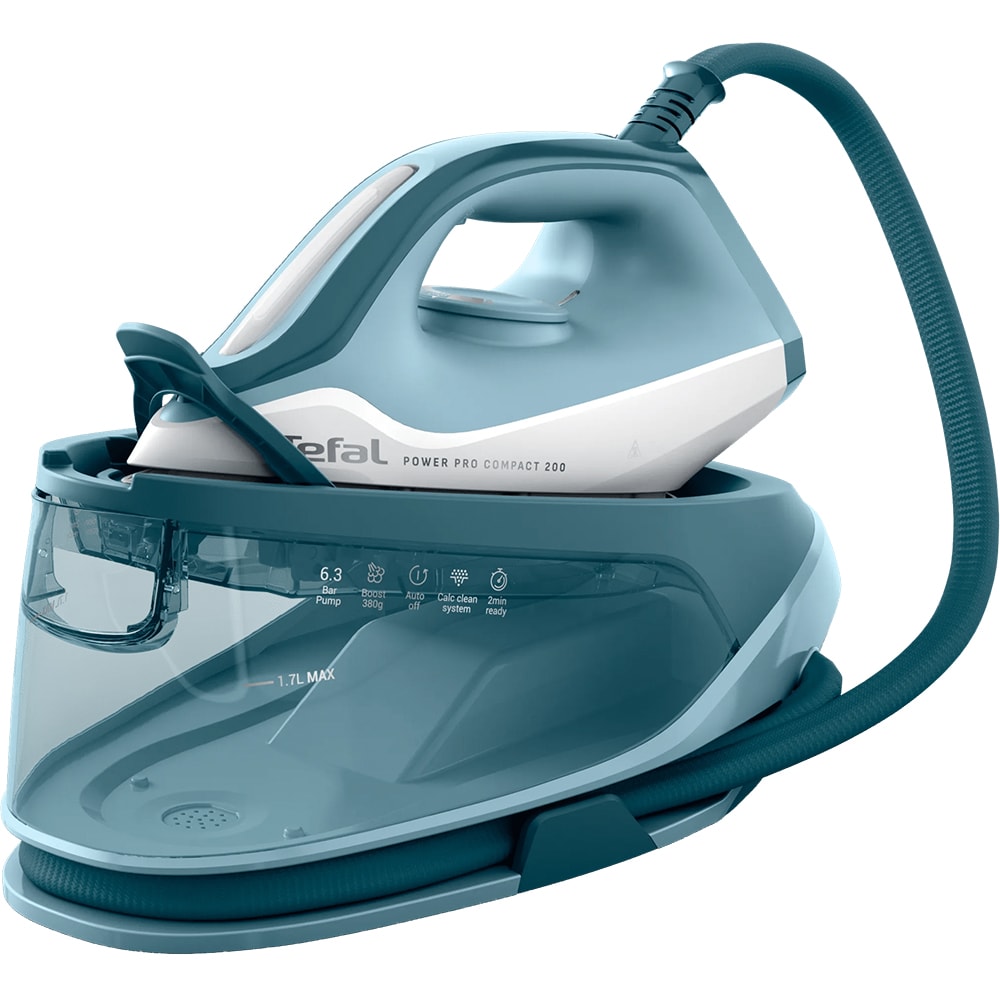 Statie de calcat TEFAL Power Pro Compact SV6212E0, 2400W, 380g/min, 1.7l, talpa ceramica Xpress Glide, albastru-alb