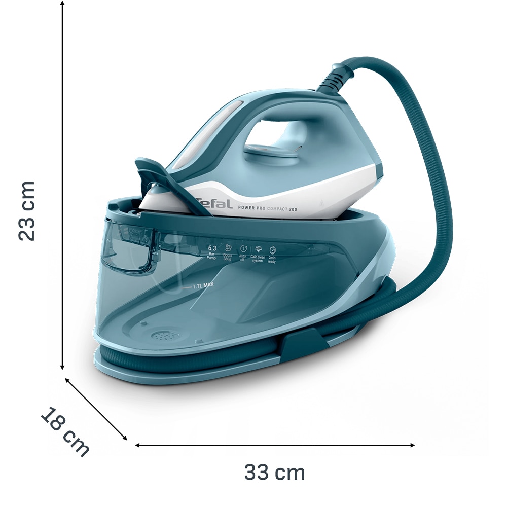 Statie de calcat TEFAL Power Pro Compact SV6212E0, 2400W, 380g/min, 1.7l, talpa ceramica Xpress Glide, albastru-alb