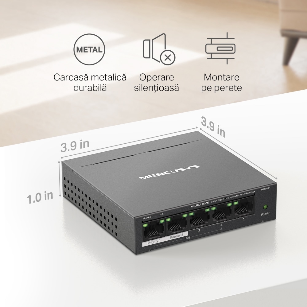 Switch MERCUSYS MS105GP, 5 porturi Gigabit, negru