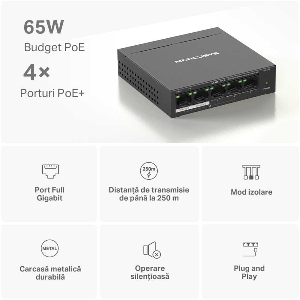 Switch MERCUSYS MS105GP, 5 porturi Gigabit, negru