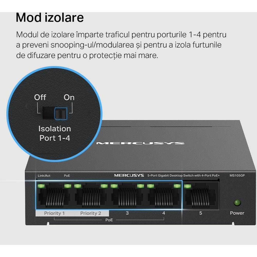 Switch MERCUSYS MS105GP, 5 porturi Gigabit, negru