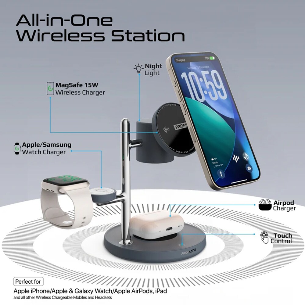 Incarcator wireless PROMATE Synergy-3,1x USB-C, MagSafe, 15W, negru