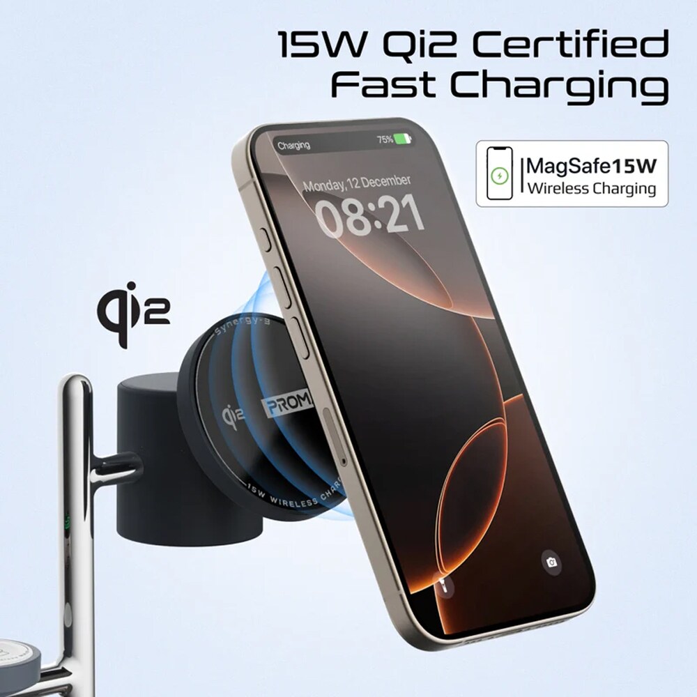 Incarcator wireless PROMATE Synergy-3,1x USB-C, MagSafe, 15W, negru