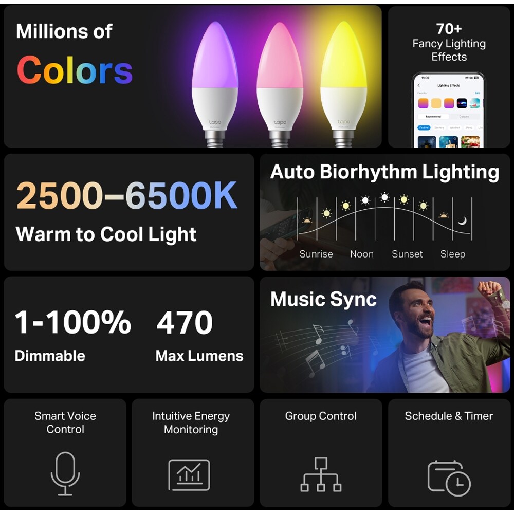 Bec LED Smart TP-LINK Tapo L430C, E14, 470lm, Wi-Fi, lumina variabila, compatibil Alexa, Google Assistant