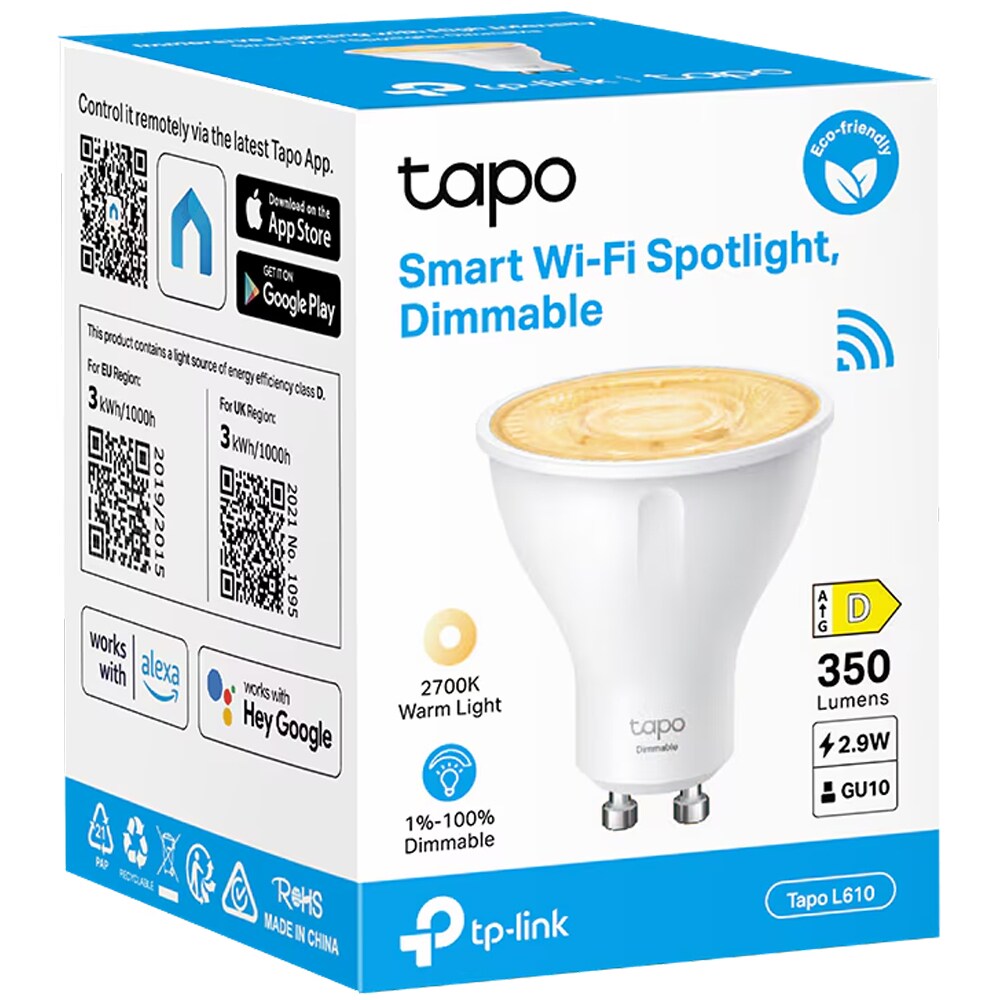 Bec LED Smart TAPO L610, GU10, 2.9W, 350lm, 2700K, Wi-Fi, lumina variabila, compatibil Alexa, Google Assistant