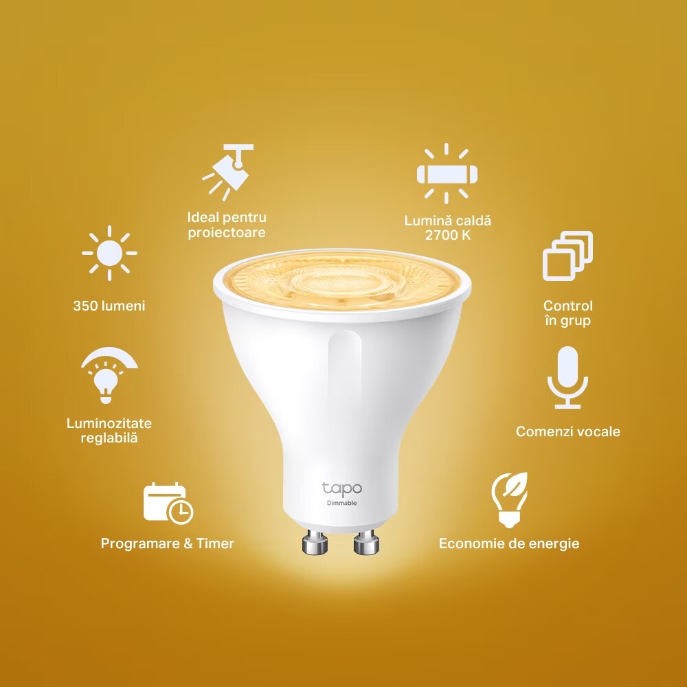 Bec LED Smart TAPO L610, GU10, 2.9W, 350lm, 2700K, Wi-Fi, lumina variabila, compatibil Alexa, Google Assistant