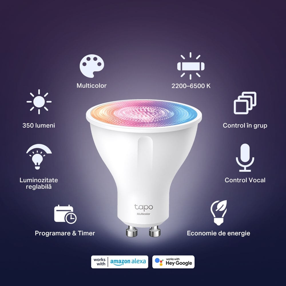 Bec LED Smart TP-LINK Tapo L630, GU10, 3.7W, 350lm, Wi-Fi, lumina variabila, compatibil Alexa, Google Assistant