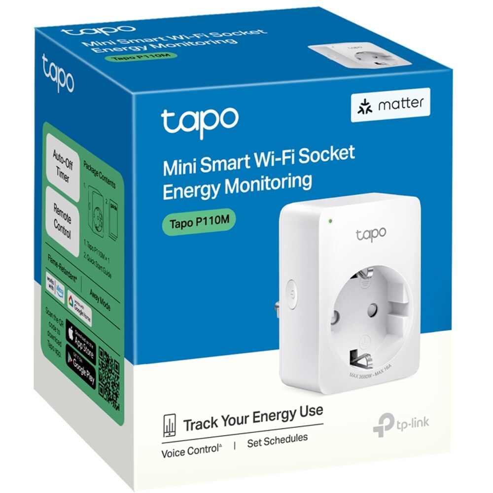 Priza Smart TAPO P110M, Wi-Fi, Bluetooth, 3680W, 16A, control vocal, monitorizare energie, alb