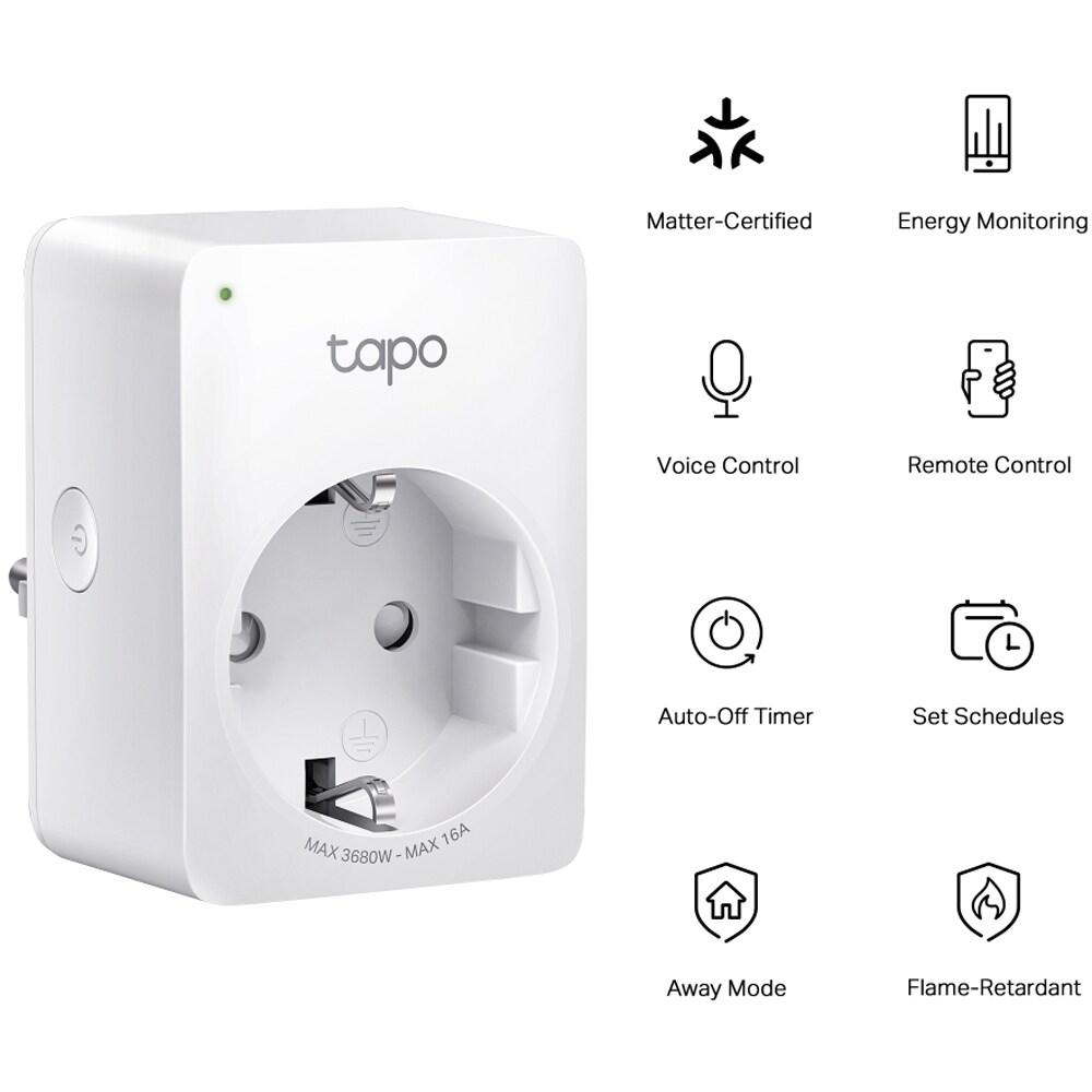 Priza Smart TAPO P110M, Wi-Fi, Bluetooth, 3680W, 16A, control vocal, monitorizare energie, alb