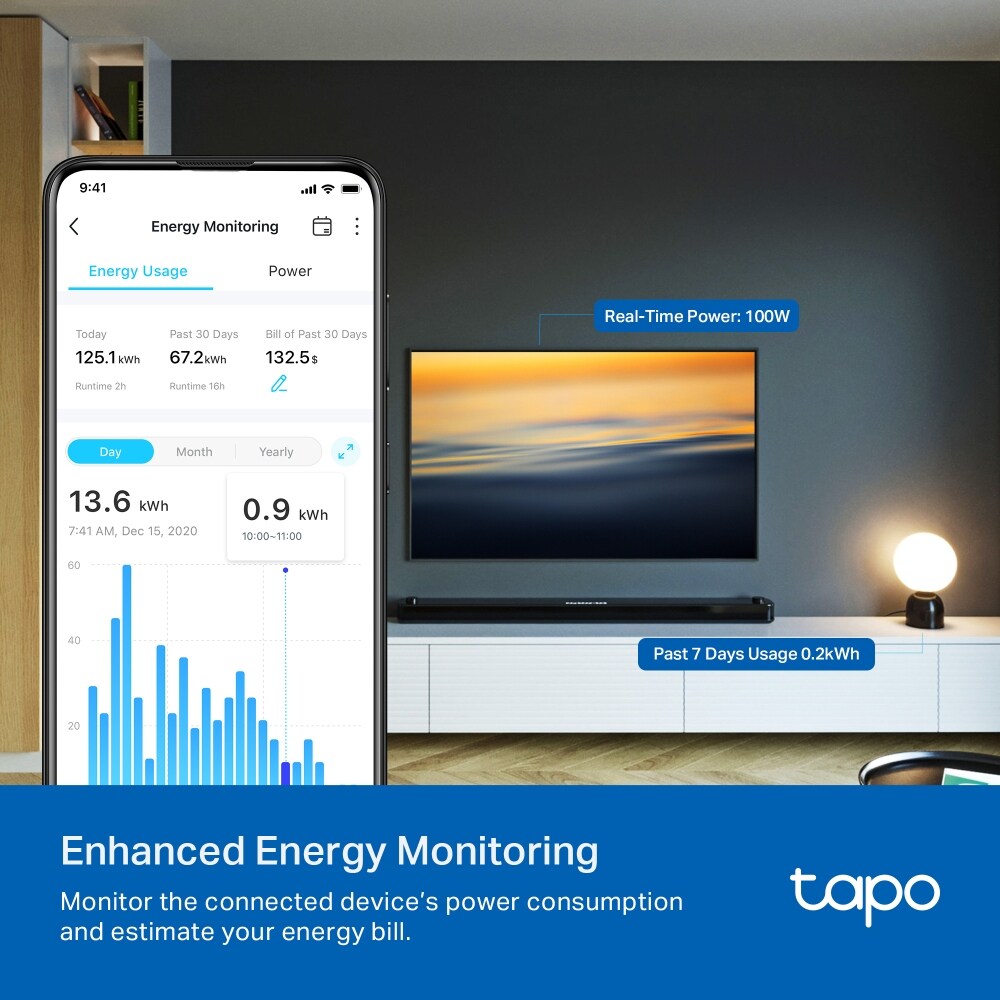 Priza Smart TAPO P110M, Wi-Fi, Bluetooth, 3680W, 16A, control vocal, monitorizare energie, alb