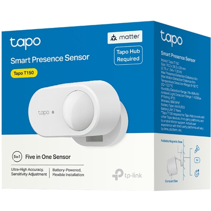 Senzor de prezenta Tapo T150, Distanta detectie 6m, IP55, alb