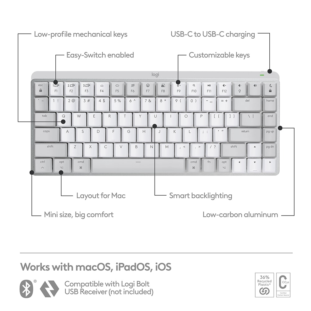 Tastatura Wireless pentru Mac LOGITECH MX Mechanical Mini, Bluetooth, USB, alb-gri