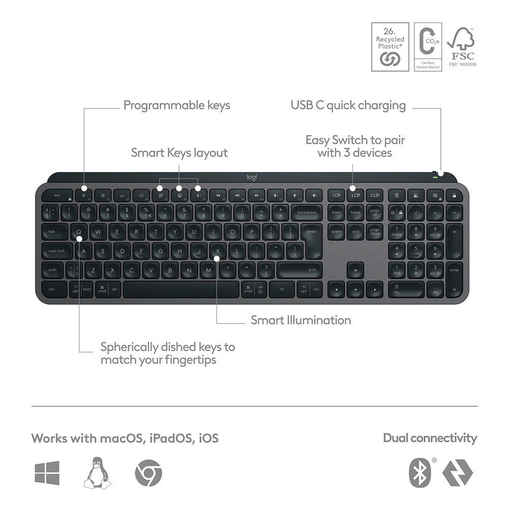 Tastatura Wireless LOGITECH MX Keys S, USB, Bluetooth, US INT, grafit