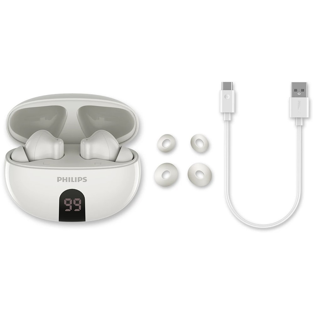 Casti PHILIPS TAT2520WT/00, True Wireless, Bluetooth, In-ear, Microfon, Noise Cancelling, alb