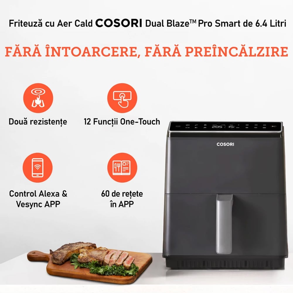 Friteuza cu aer cald COSORI Dual Blaze CAF-P681S-KEUR, 6.4l, 1700W, gri inchis-negru