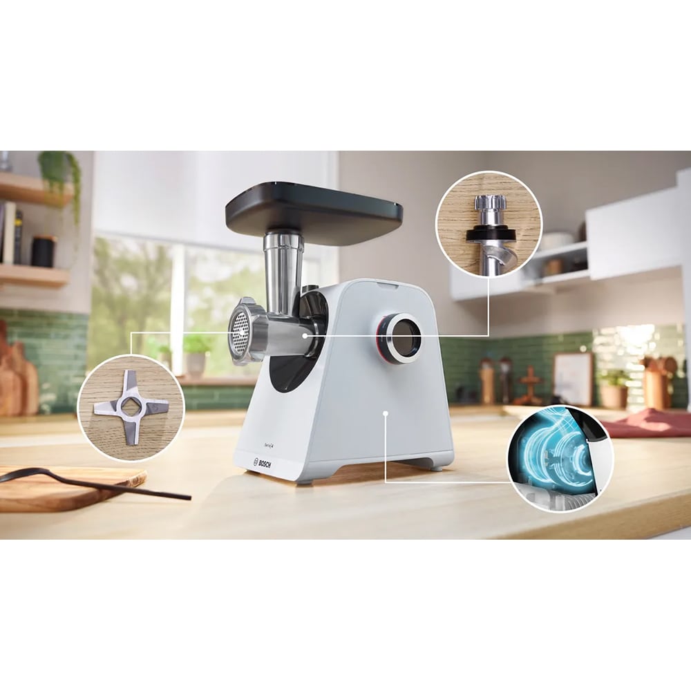 Masina de tocat carne BOSCH MFWS420W, 2.5kg/min, 1900W, accesoriu carnati/kebbe, alb-negru