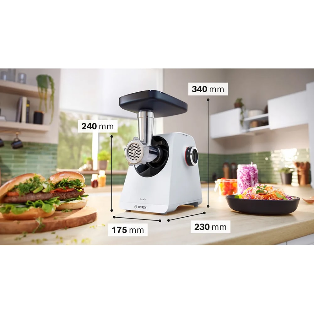 Masina de tocat carne BOSCH MFWS420W, 2.5kg/min, 1900W, accesoriu carnati/kebbe, alb-negru