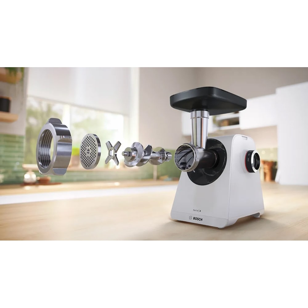 Masina de tocat carne BOSCH MFWS420W, 2.5kg/min, 1900W, accesoriu carnati/kebbe, alb-negru
