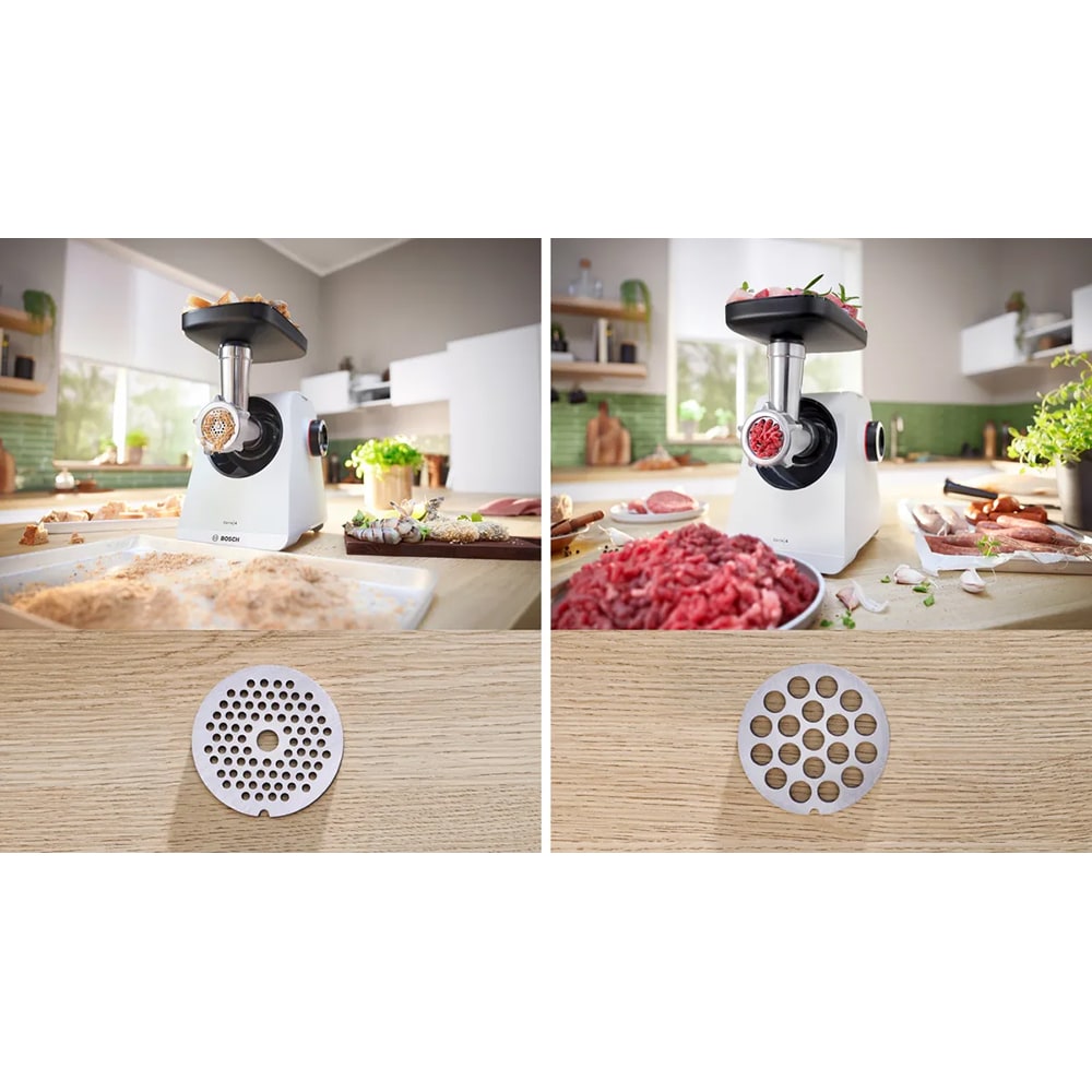 Masina de tocat carne BOSCH MFWS420W, 2.5kg/min, 1900W, accesoriu carnati/kebbe, alb-negru