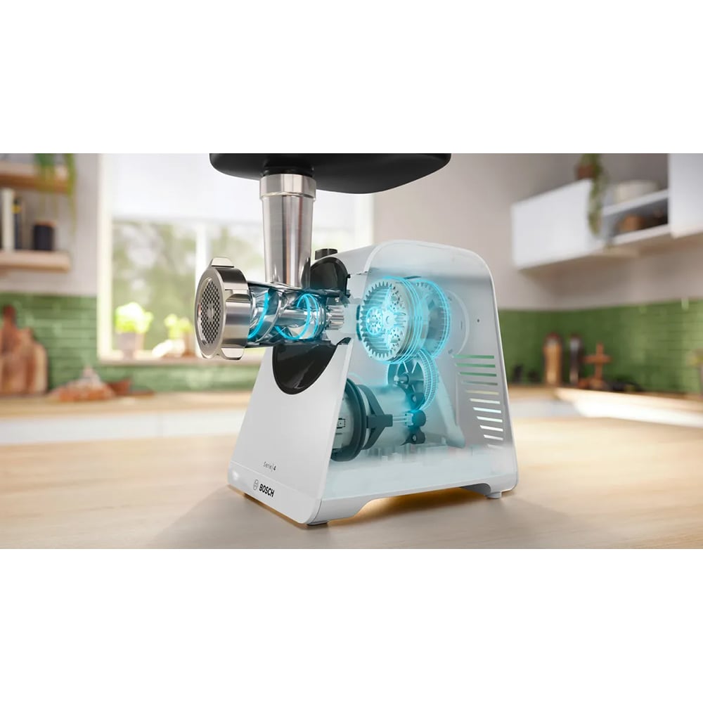 Masina de tocat carne BOSCH MFWS420W, 2.5kg/min, 1900W, accesoriu carnati/kebbe, alb-negru