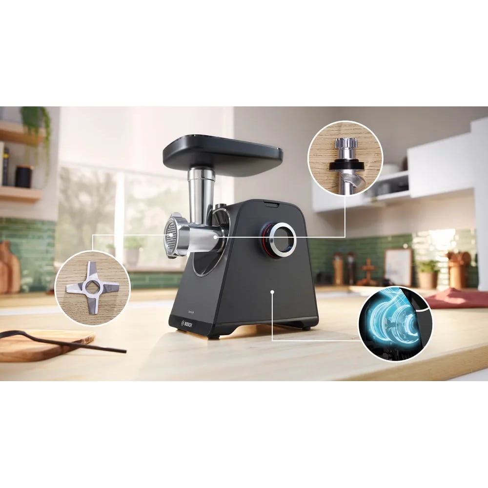 Masina de tocat carne BOSCH MultiPower Seria 4 MFWS435B, 2.5kg/min, 1900W, accesoriu carnati/storcator fructe, negru