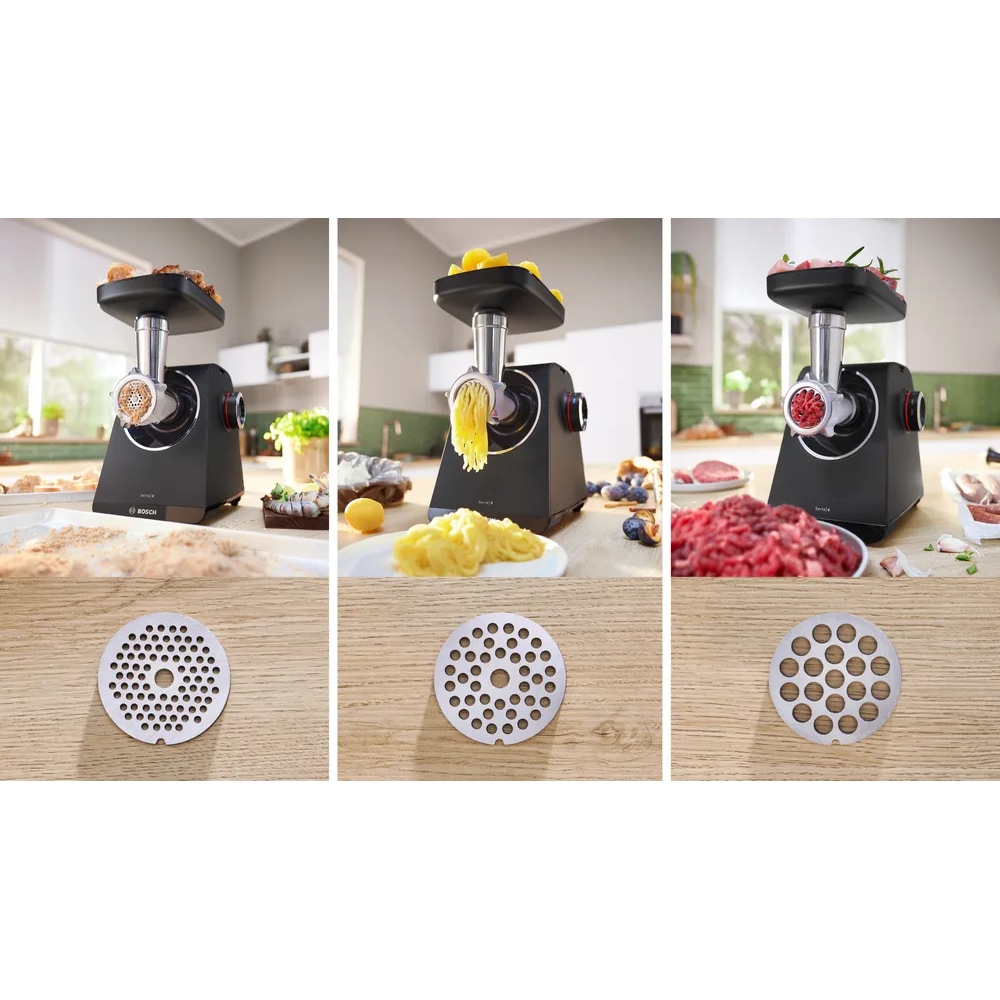 Masina de tocat carne BOSCH MultiPower Seria 4 MFWS435B, 2.5kg/min, 1900W, accesoriu carnati/storcator fructe, negru