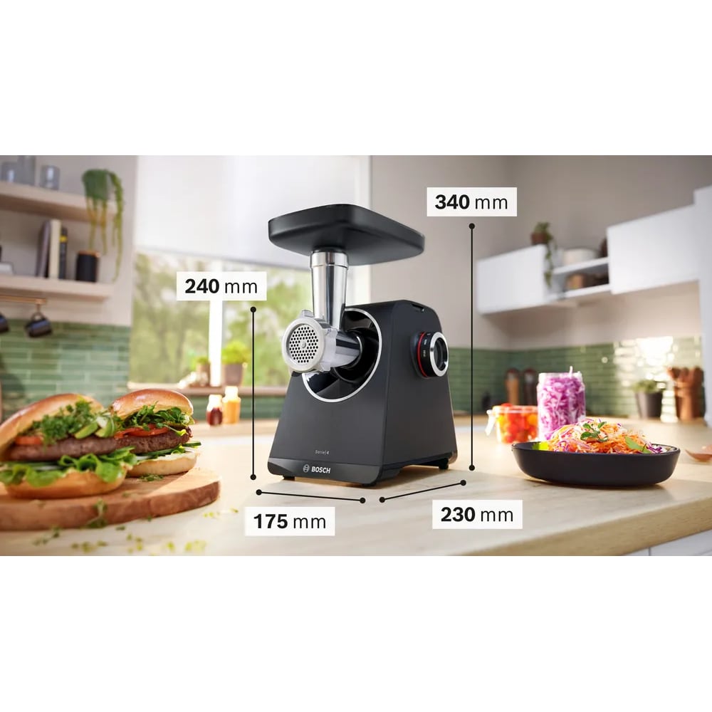 Masina de tocat carne BOSCH MultiPower Seria 4 MFWS435B, 2.5kg/min, 1900W, accesoriu carnati/storcator fructe, negru