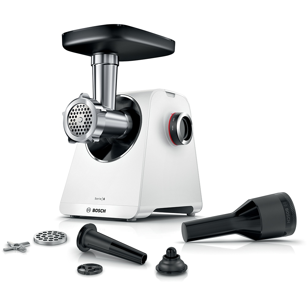 Masina de tocat carne BOSCH Seria 6 MultiPower MFWS607W, 3.5kg/min, 2100W, accesoriu carnati, alb-negru
