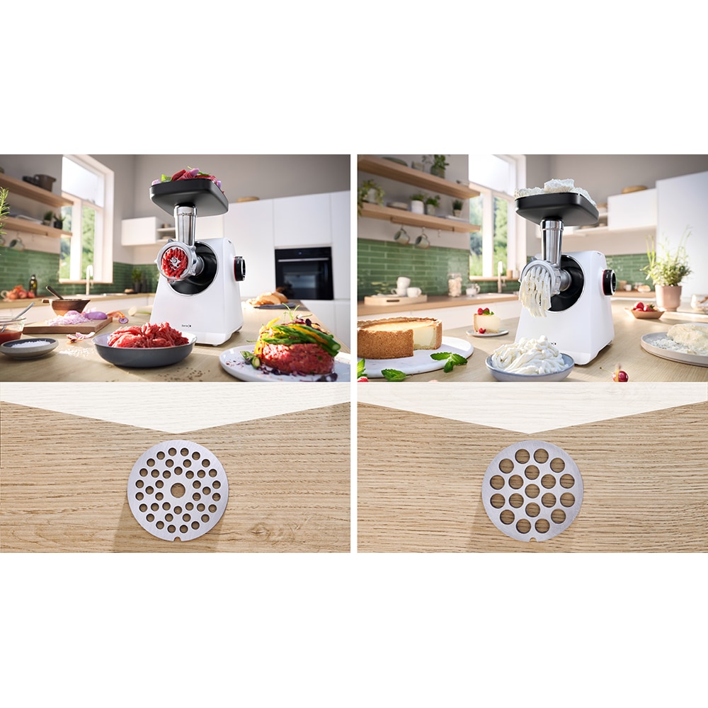 Masina de tocat carne BOSCH Seria 6 MultiPower MFWS607W, 3.5kg/min, 2100W, accesoriu carnati, alb-negru