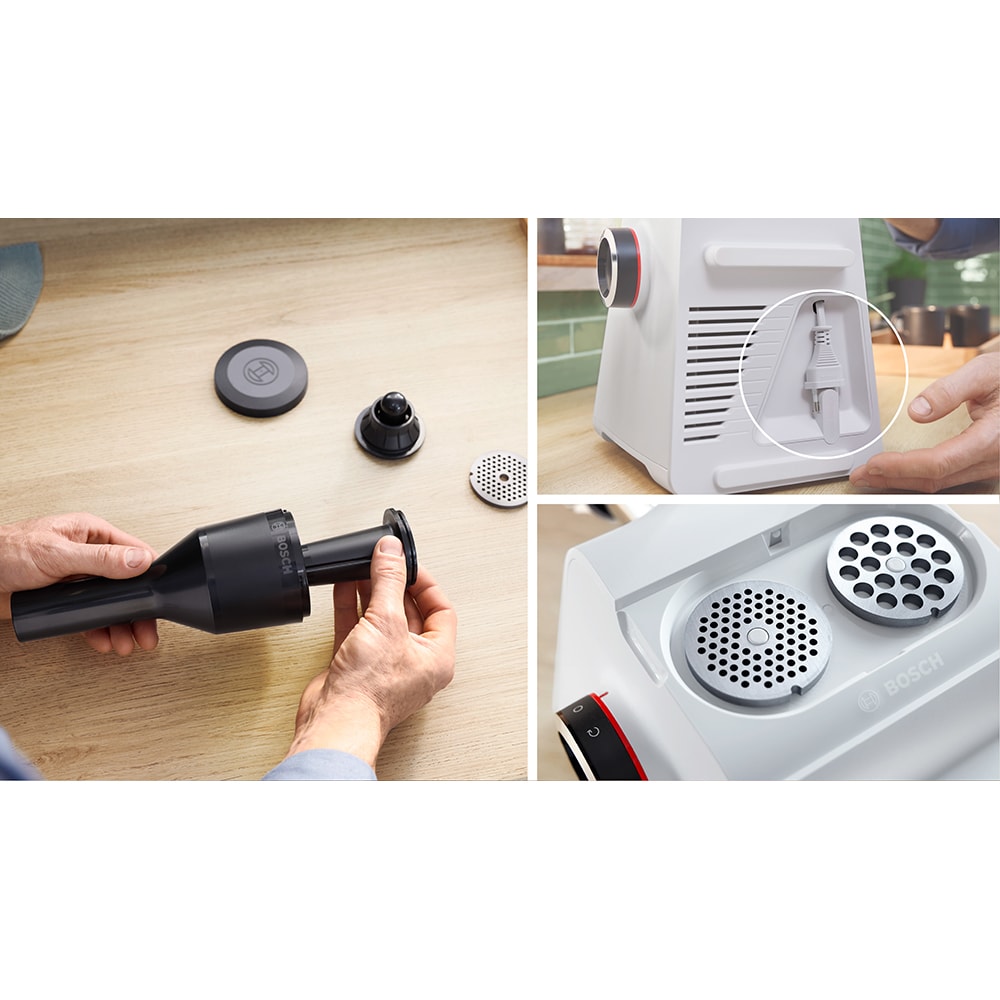 Masina de tocat carne BOSCH Seria 6 MultiPower MFWS607W, 3.5kg/min, 2100W, accesoriu carnati, alb-negru