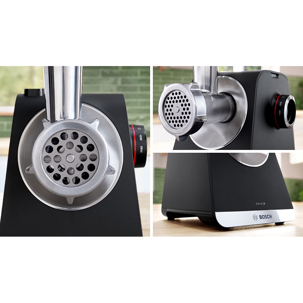 Masina de tocat carne BOSCH Seria 6 MultiPower MFWS640B, 3.5kg/min, 2100W, accesoriu carnati, negru-argintiu