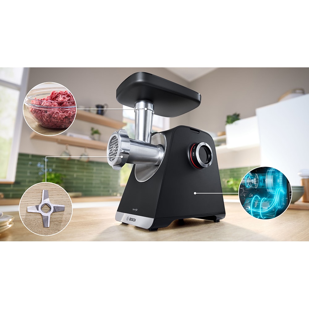Masina de tocat carne BOSCH Seria 6 MultiPower MFWS660B, 3.5kg/min, 2100W, accesoriu carnati/strorcator fructe, negru-argintiu