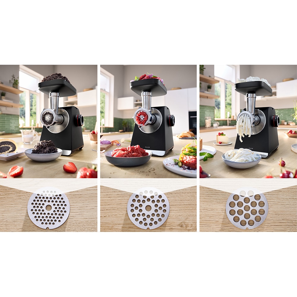Masina de tocat carne BOSCH Seria 6 MultiPower MFWS660B, 3.5kg/min, 2100W, accesoriu carnati/strorcator fructe, negru-argintiu