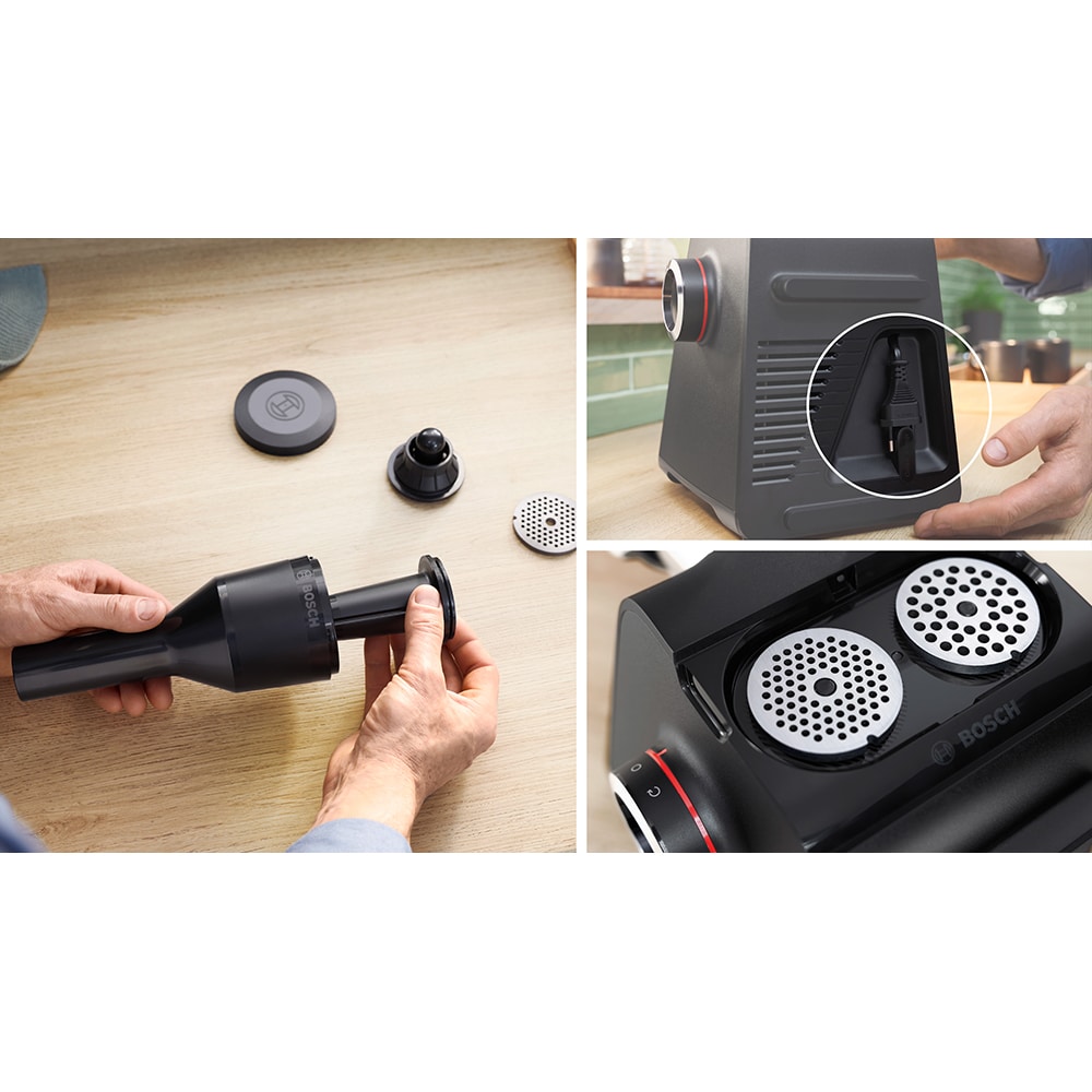Masina de tocat carne BOSCH Seria 6 MultiPower MFWS660B, 3.5kg/min, 2100W, accesoriu carnati/strorcator fructe, negru-argintiu