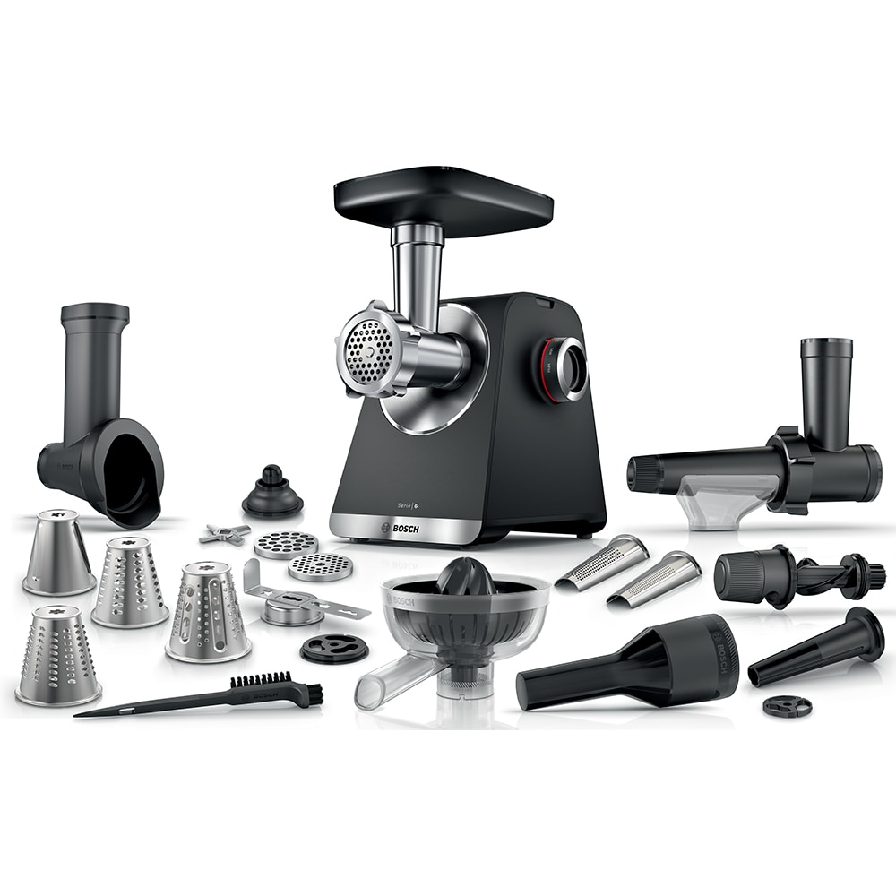 Masina de tocat carne BOSCH ProPower MFWS682B, 3.5kg/min, 2100W, accesoriu carnati/fursecuri/storcator citrice, negru-argintiu