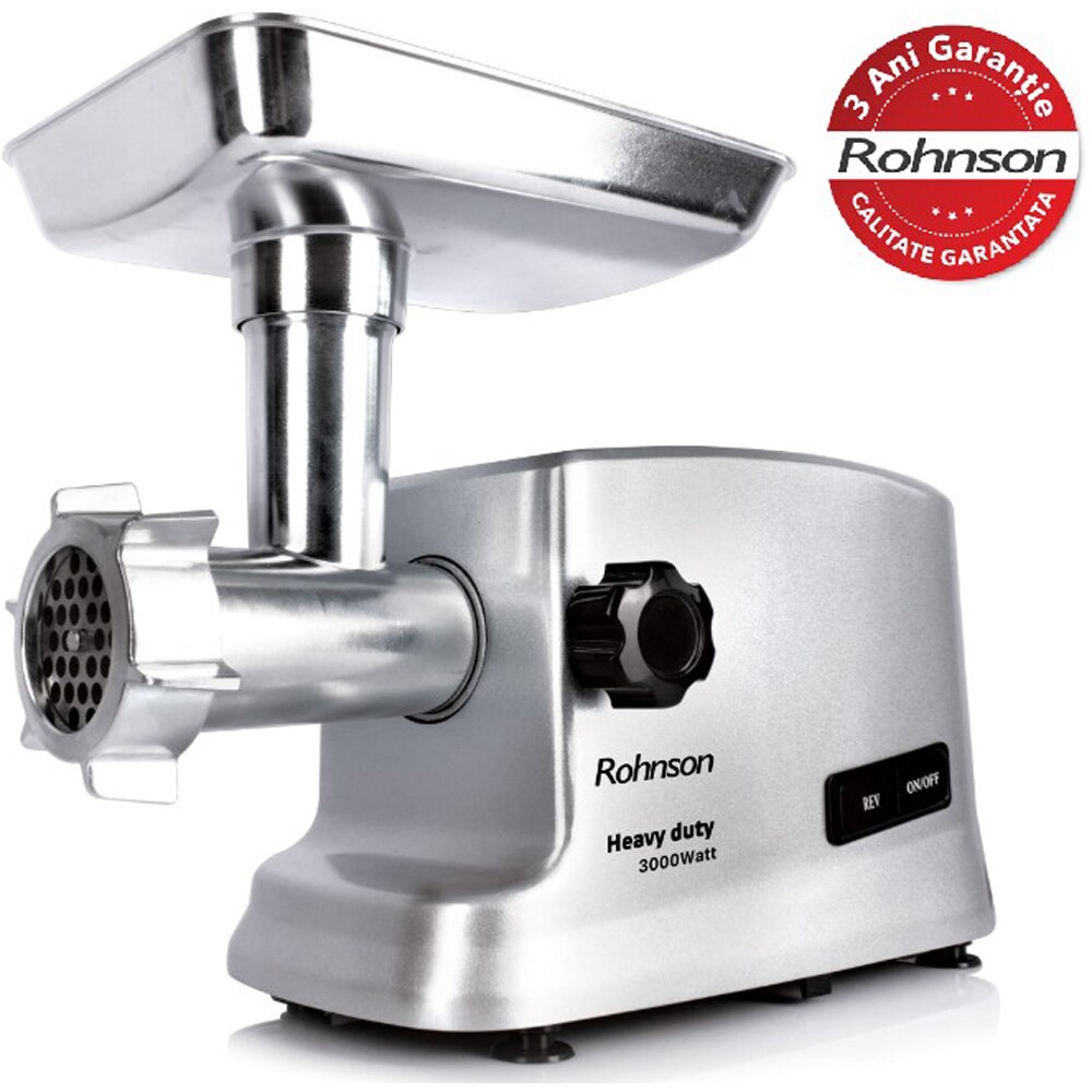 Masina de tocat carne ROHNSON R5430, 2.5kg/min, 3000W, accesoriu carnati/suc de rosii/kebbe, argintiu-negru