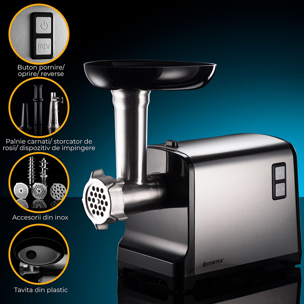 Masina de tocat carne VORTEX VO4023, 1.2kg/min, 2100W, accesoriu carnati/suc rosii, argintiu-negru