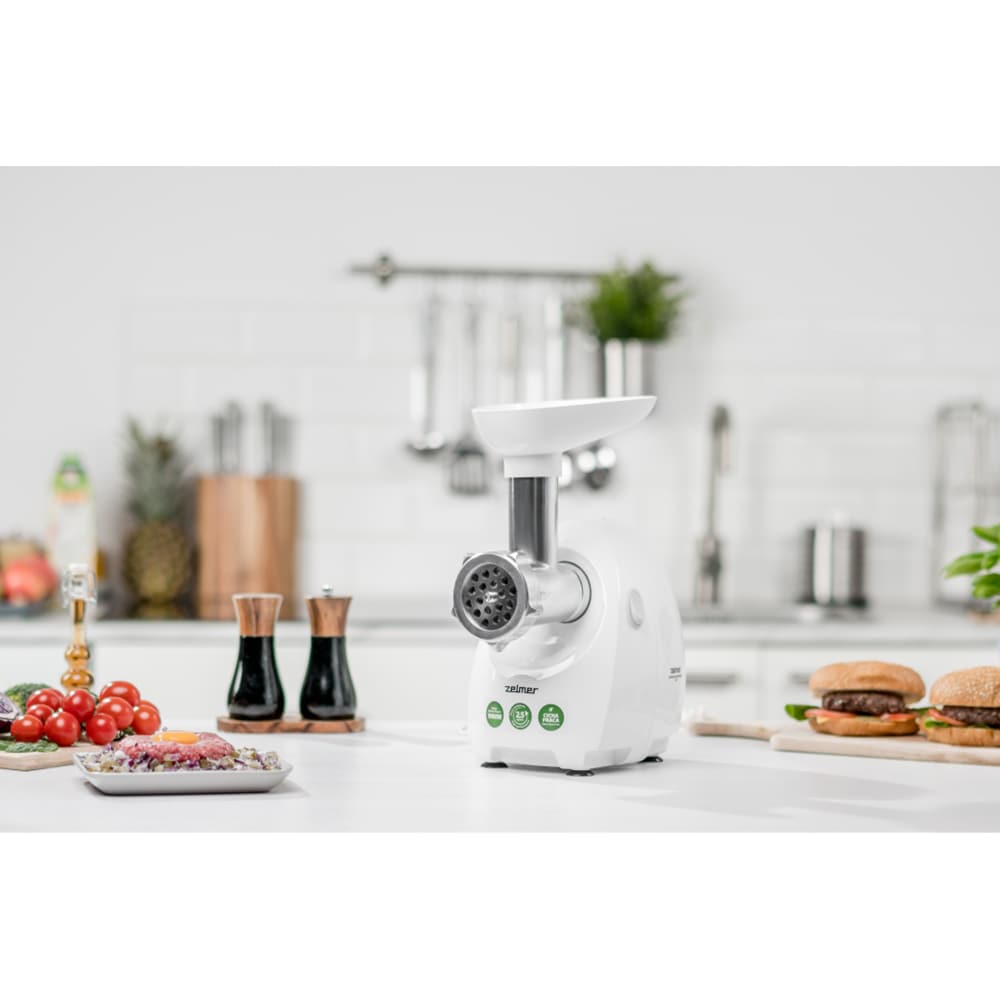 Masina de tocat carne ZELMER ZMM4048B, 2.5kg/min, 1900W, accesoriu carnati/feliere/razuire, alb-argintiu