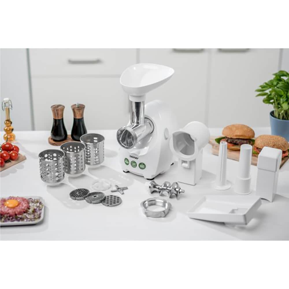 Masina de tocat carne ZELMER ZMM4048B, 2.5kg/min, 1900W, accesoriu carnati/feliere/razuire, alb-argintiu