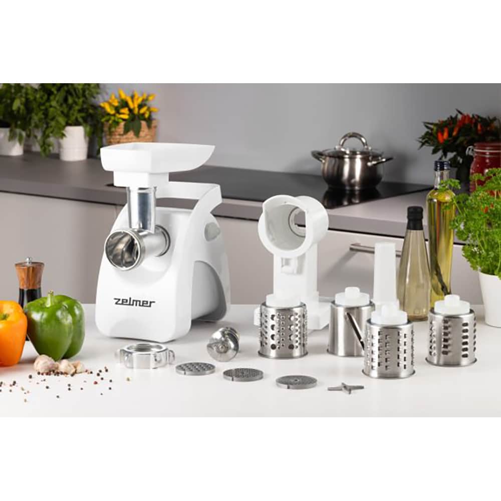 Masina de tocat carne ZELMER ZMM9802B, 3.5kg/min, 2200W, accesoriu carnati, alb-argintiu