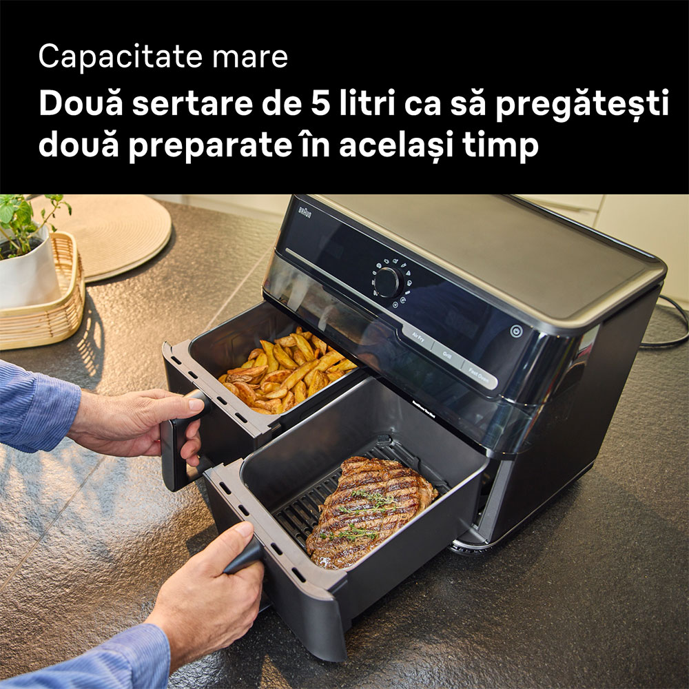 Friteuza cu aer cald dubla BRAUN TwinCook 5 TD5073, 10l, 2.5kg, 2850W, negru-gri inchis