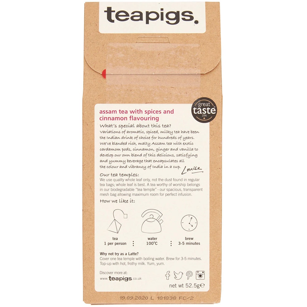 Ceai infuzie TEAPIGS Chai Tea, 15 buc, 52.5g