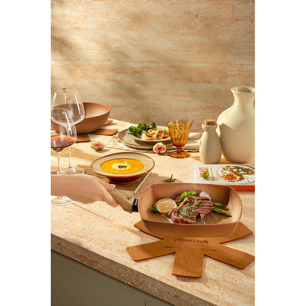 Tigaie grill AMERCOOK Terracotta AC0108508.28, 28 cm, aluminiu presat, aramiu