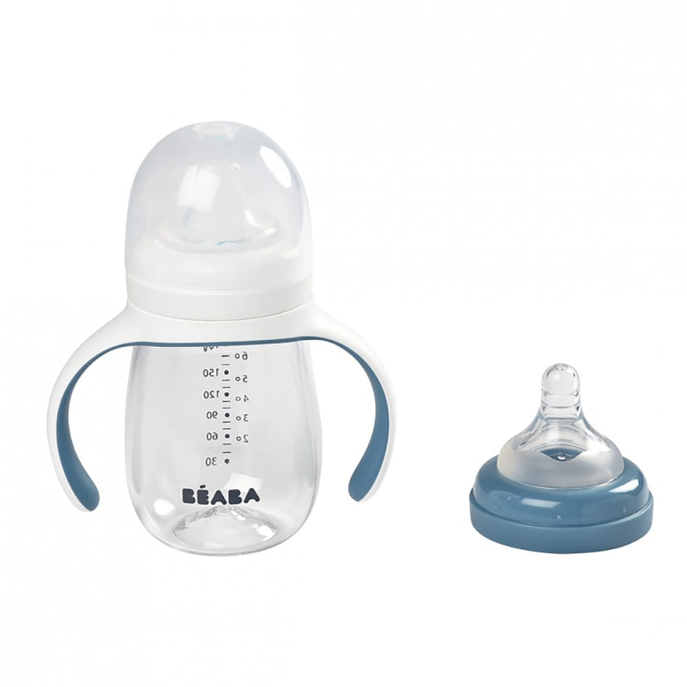 Biberon 2in1 BEABA B913477, flux lent, 0 luni+, 210ml, albastru-alb